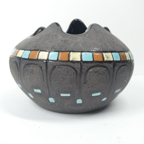 Black Ceramic Bowl Pot w/Blue Squares Geometric Signed Vtg MCM Blackware Native? - Picture 4 of 16